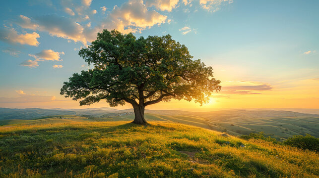 Majestic oak tree standing tall on a grassy hill at sunset with rolling hills in the background