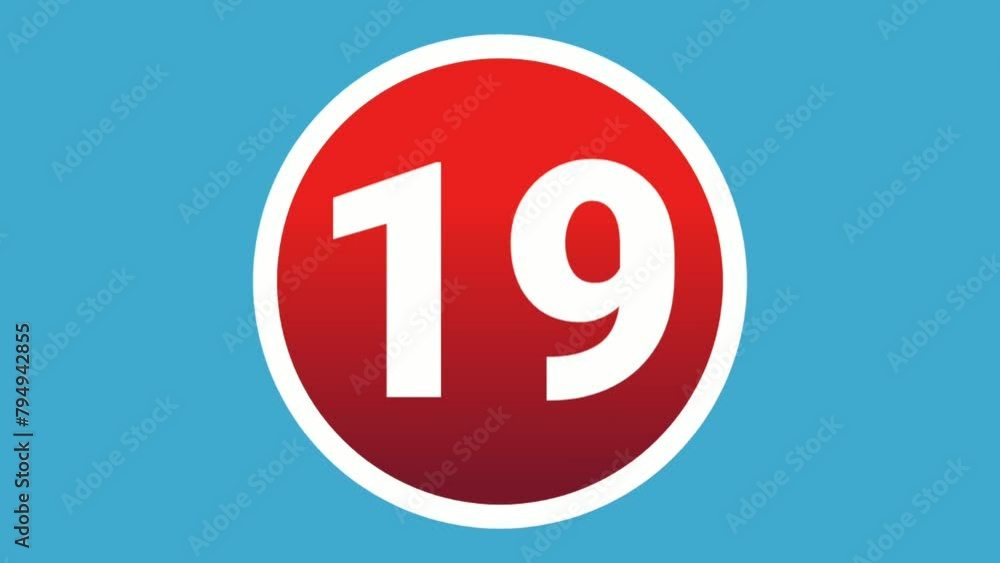 Poster number 19 nineteen sign symbol animation motion graphics icon on red circle on blue screen backgroun