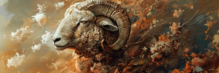 Artistic illustration of a majestic ram - This artistically  illustration highlights the detailed texture and strong presence of a ram, with an abstract autumnal backdrop