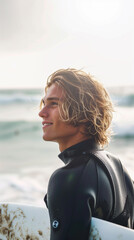 copy space, stockphoto, attractive young surfer guy, age around 25, on the beach. Beautiful male...