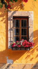 Minimalist photography, vibrant orange wall with window and flower box