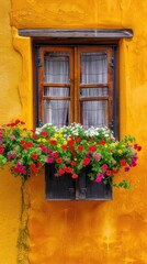 Fototapeta na wymiar Minimalist photography, vibrant orange wall with window and flower box