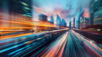 City lights and motion blur on urban street - Vibrant and colorful, this image documents the electrifying pace of city life with light trails and motion blur of an urban street at night - obrazy, fototapety, plakaty
