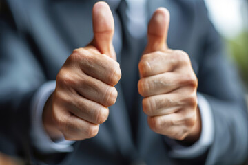 Close-up of two thumbs up gesture by a businessman in suit