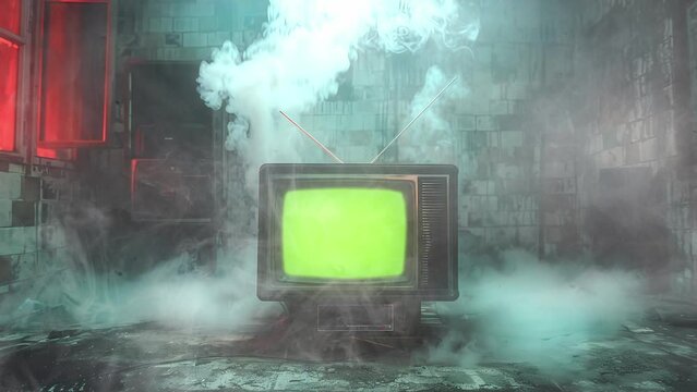 Vintage retro green screen tv with noise and flicker mock up