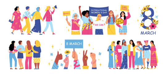 hand drawn flat women day original collection with female characters protesting together