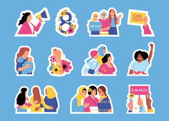 Hand drawn flat women day stickers collection with female characters