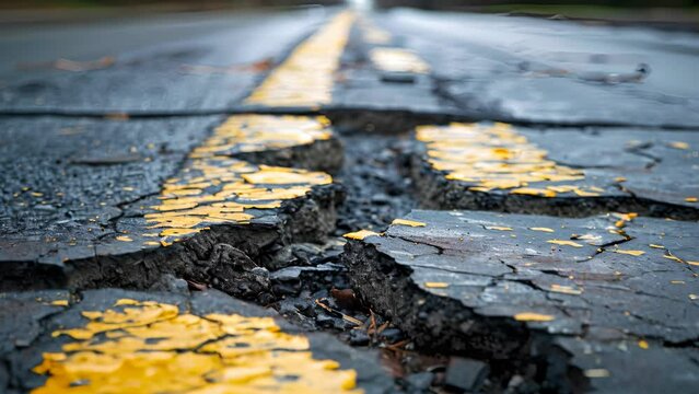 A road with a yellow line and cracks in the pavement. The cracks are deep and the road appears to be in poor condition