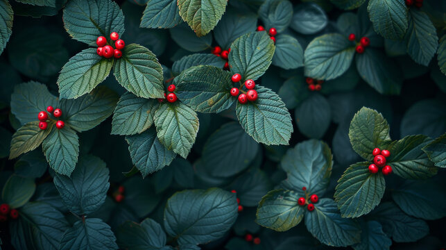 A close up of a bush with red berries