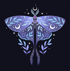 Purple butterfly vector illustration. Esoteric alchemy symbol. Design for poster, card, tattoo.