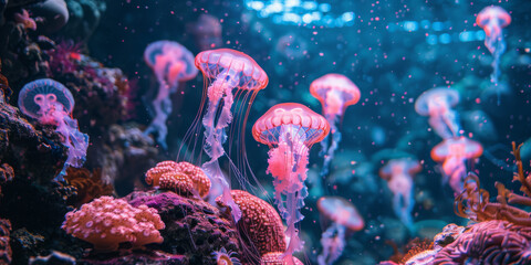 Naklejka premium Ethereal Jellyfish Drifting in a Mesmerizing Underwater Dance