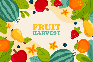 Hand drawn flat fruit harvest background with different types of fruit and leaves