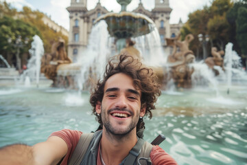 Happy young man taking a selfie with a peace sign in front of a city fountain