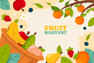 Hand drawn flat fruit harvest background with different types of fruit