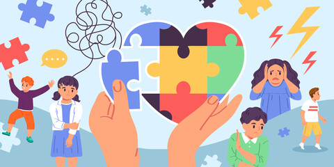 Hand drawn flat autism composition background with kids and puzzle pieces