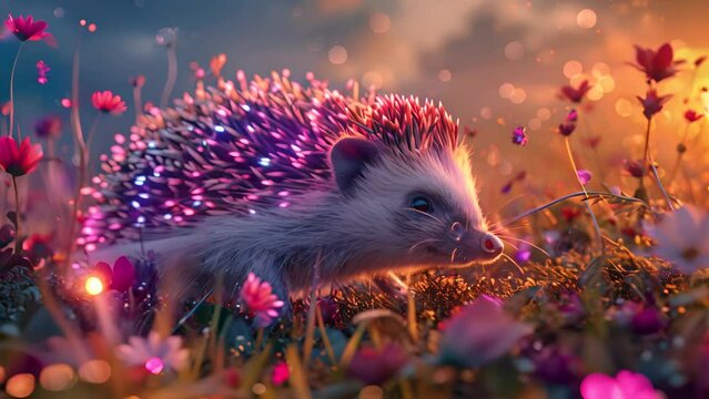 A white and pink hedgehog is walking through a field of flowers. The flowers are in various colors and sizes, and the hedgehog is surrounded by them. The scene is peaceful and serene