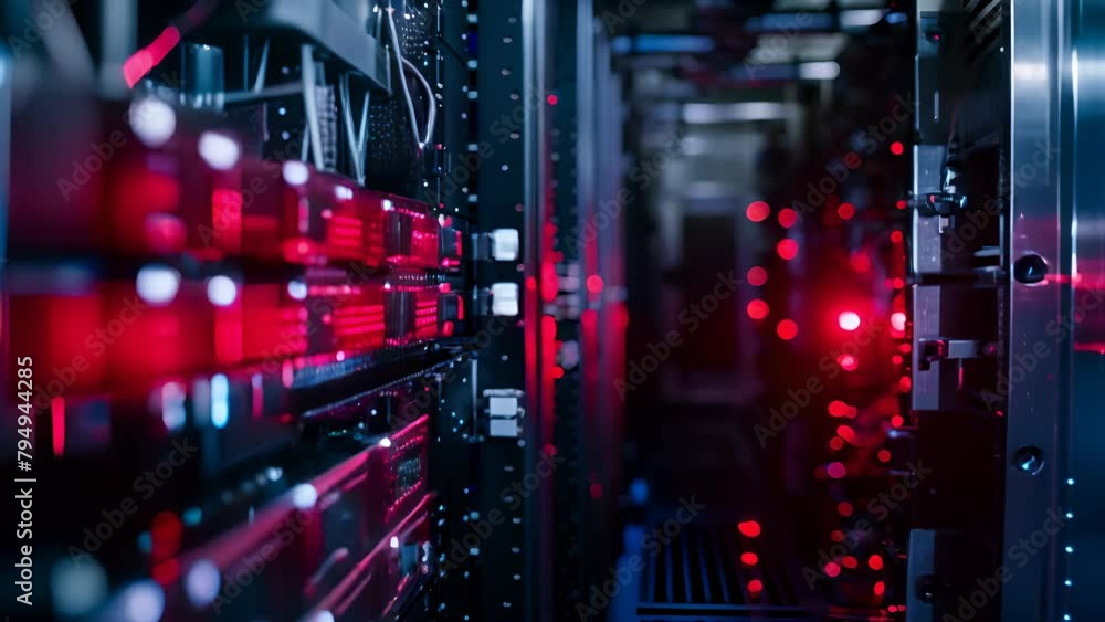 Poster a computer server room with red lights on the servers