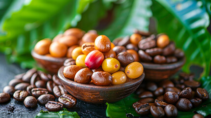 Diverse assortment of fresh and roasted coffee beans with hints of hazelnut