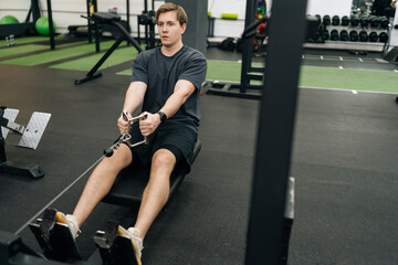 Focused successful sportsman working out on stationary rowing machine in gym. Young beginner sporty man doing exercises on fitness machine at healthy club. Concept of healthy sports life.