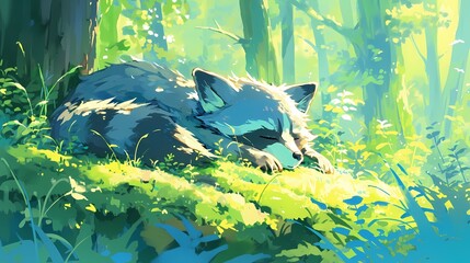 cartoon illustration of a raccoon sleeping