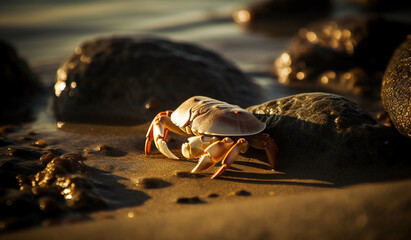 A small crab scuttling along the shoreline, its shell glistening in the sunlight. - obrazy, fototapety, plakaty