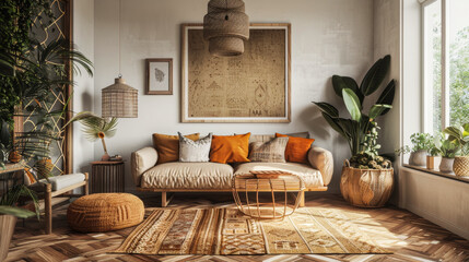 A living room with a large painting on the wall and a potted plant. The room has a warm and inviting atmosphere, with a couch, coffee table, and a rug. The potted plant adds a touch of greenery - obrazy, fototapety, plakaty