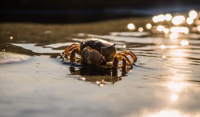A small crab scuttling along the shoreline, its shell glistening in the sunlight. - obrazy, fototapety, plakaty