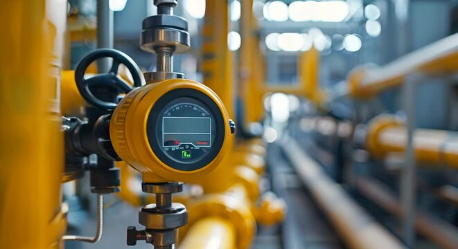 Gas detection device close-up, with industrial pipes blurred behind