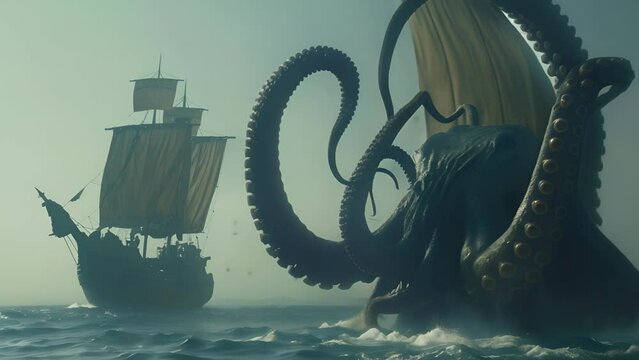 A large octopus is swimming in the ocean next to a small boat. The scene is dark and moody, with the large creature looming over the smaller one