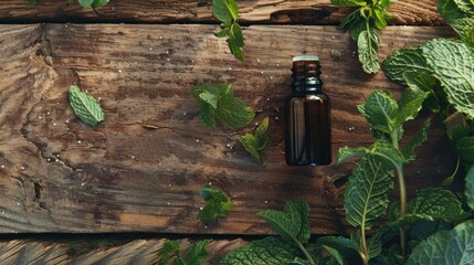 Essential oil bottle with mint placed on a wooden surface