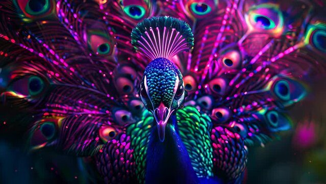 A colorful peacock with a bright blue head and green and purple feathers. The peacock is the main focus of the image, and its vibrant colors create a sense of energy and liveliness