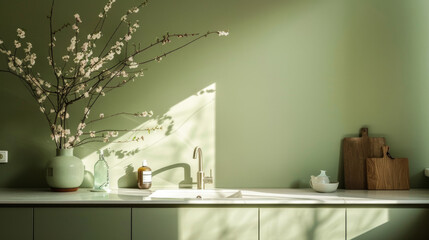 A kitchen with a green wall and a white countertop. A vase with flowers on the counter and a sink with a bottle of soap next to it
