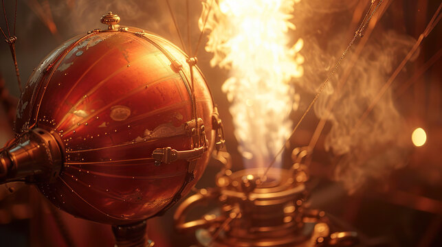 Steampunk Style Hot Air Balloon with Glowing Fire Engine. Generated by AI
