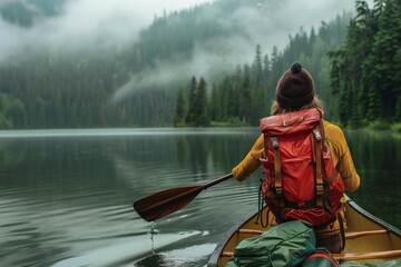 Girl paddling canoe on mountain lake adventure expedition