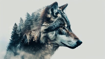 Closeup headshot portrait of wild wolf headshot graphic design double exposure of mountain forest landscape