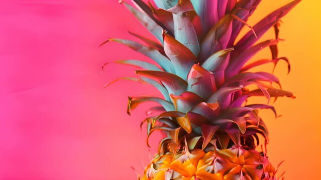 A pineapple is sitting on a pink background. The pineapple is the main focus of the image, and it is the most colorful part of the scene. The pink background adds a pop of color and creates a vibrant