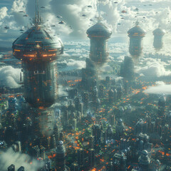 Futuristic AI Cityscape: Imagine a bustling city of the future where AI-driven transportation systems, smart buildings, and drones coexist.