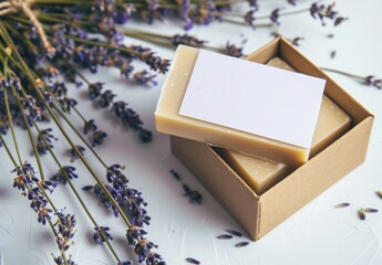 Lavender flower soap bar mockup with label and gift box. Relic background for the presentation of a brand, hand-made goods.