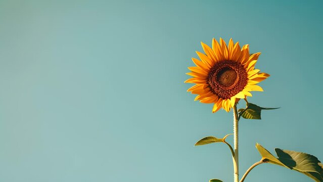 A single yellow sunflower is standing tall in a field of blue sky. The flower is the main focus of the image, and it is the only thing in the scene