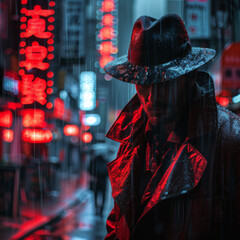 AI Detective Noir: Transport us to a gritty, AI-dominated noir city. Describe a trench-coated detective--part human, part AI-investigating a mysterious cybercrime.