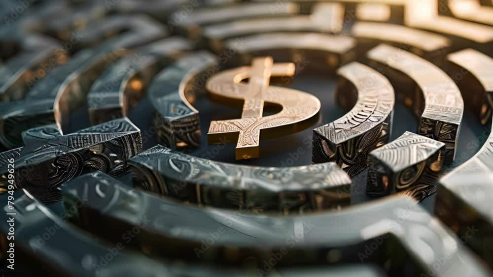 Poster a close up of a gold coin with the dollar symbol on it. the image has a mysterious and intriguing mo