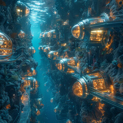 Underwater AI Research Facility: Visualize an underwater research facility where AI is used to study marine life and the effects of climate change.