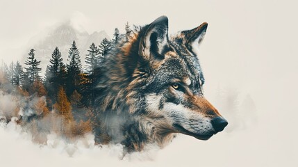 Wild wolf portrait graphic design with mountain forest landscape background