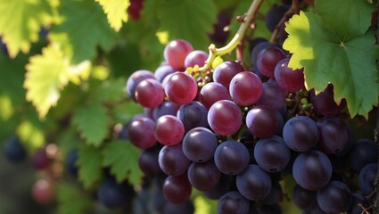 Fototapeta premium Ripe bunch of grapes growing on a grape bush