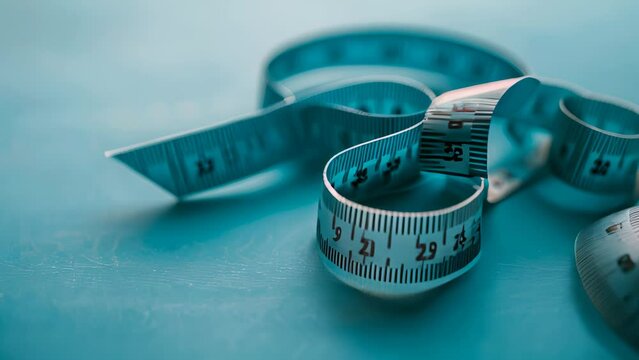 A blue tape measure is laying on a blue surface. The tape measure is long and has numbers on it