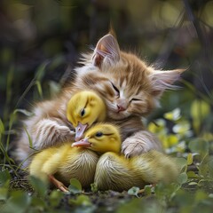 kitten hugs two ducklings
