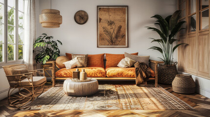 A living room with a couch, a coffee table, and a potted plant. The room has a warm and inviting atmosphere, with the orange couch and the wooden furniture giving it a cozy feel