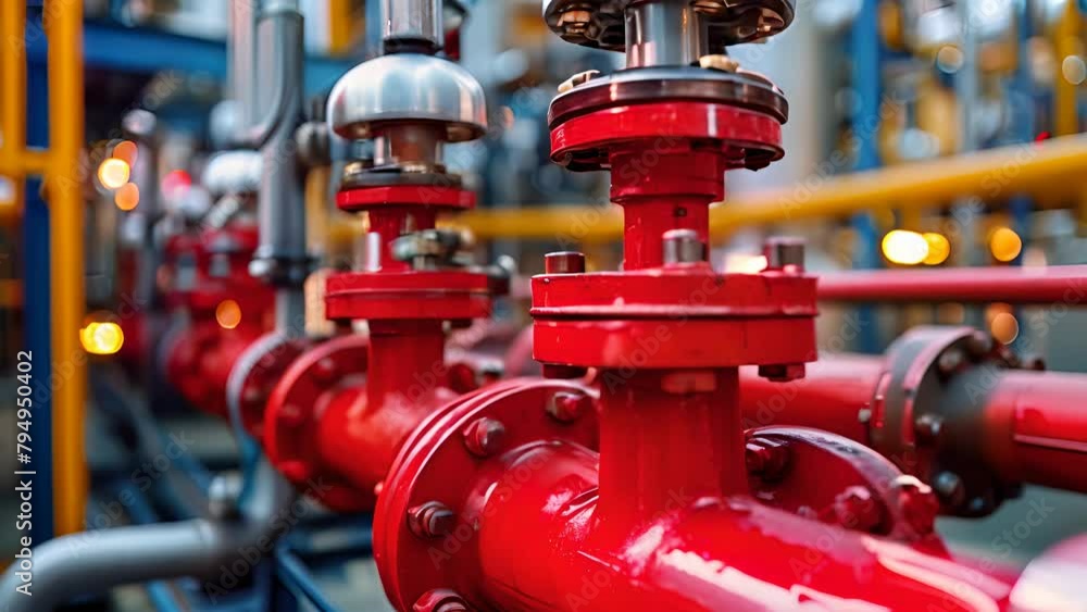 Poster a red pipe with a red cap on top. the pipe is surrounded by other pipes. concept of industrial activ