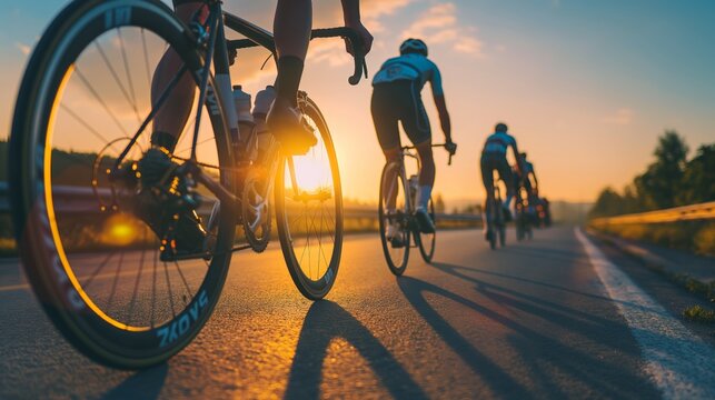 Close-up of a group of cyclists clad in professional racing sports gear, navigating an open road cycling route with determination and speed