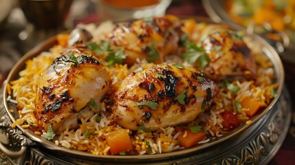 Chicken Mandy top view The national Saudi Arabian dish chicken kabsa with rice mandi, arab cuisine, 